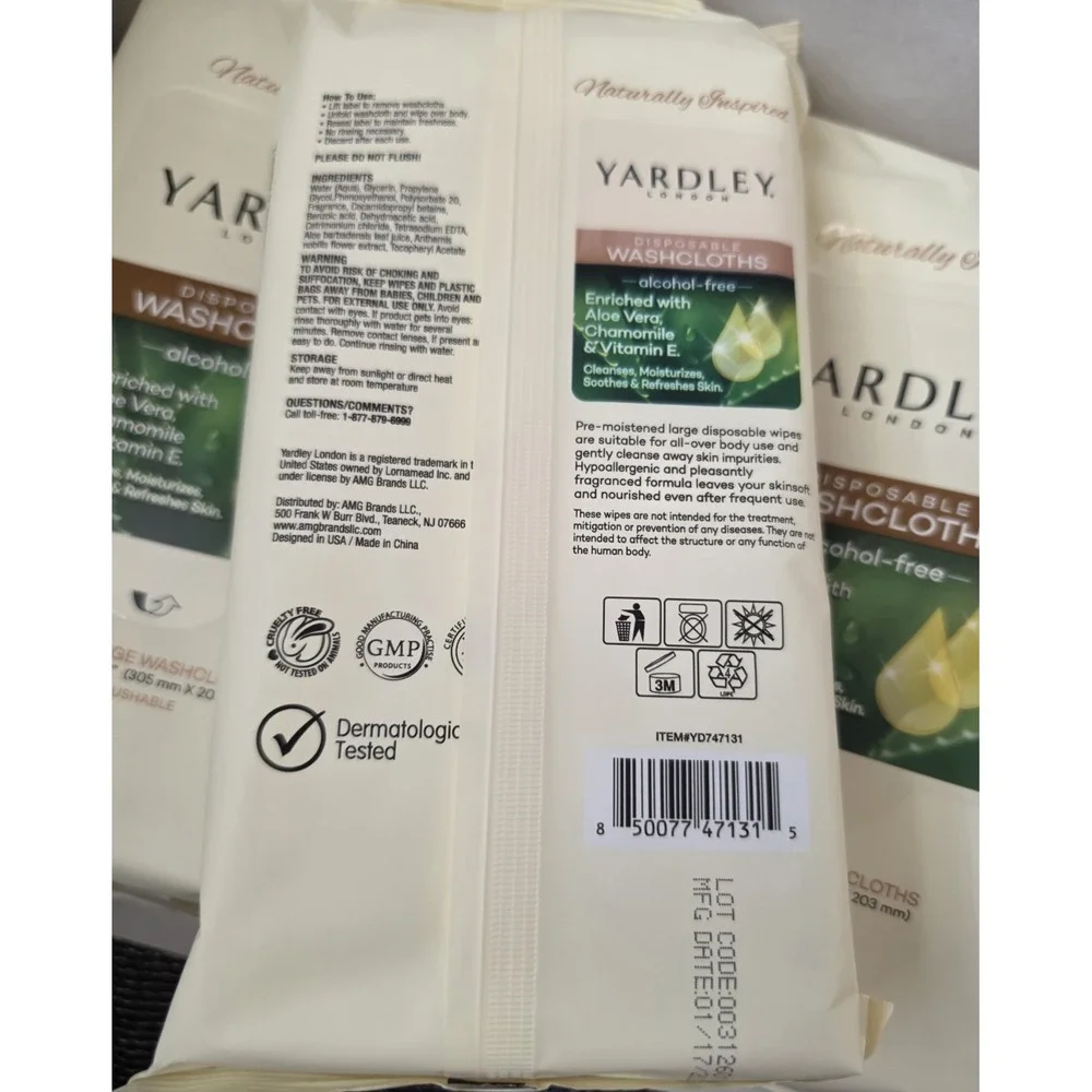 Yardley London Disposable Washcloths 4 Pack Alcohol Free Aloe Vera Chamomile...